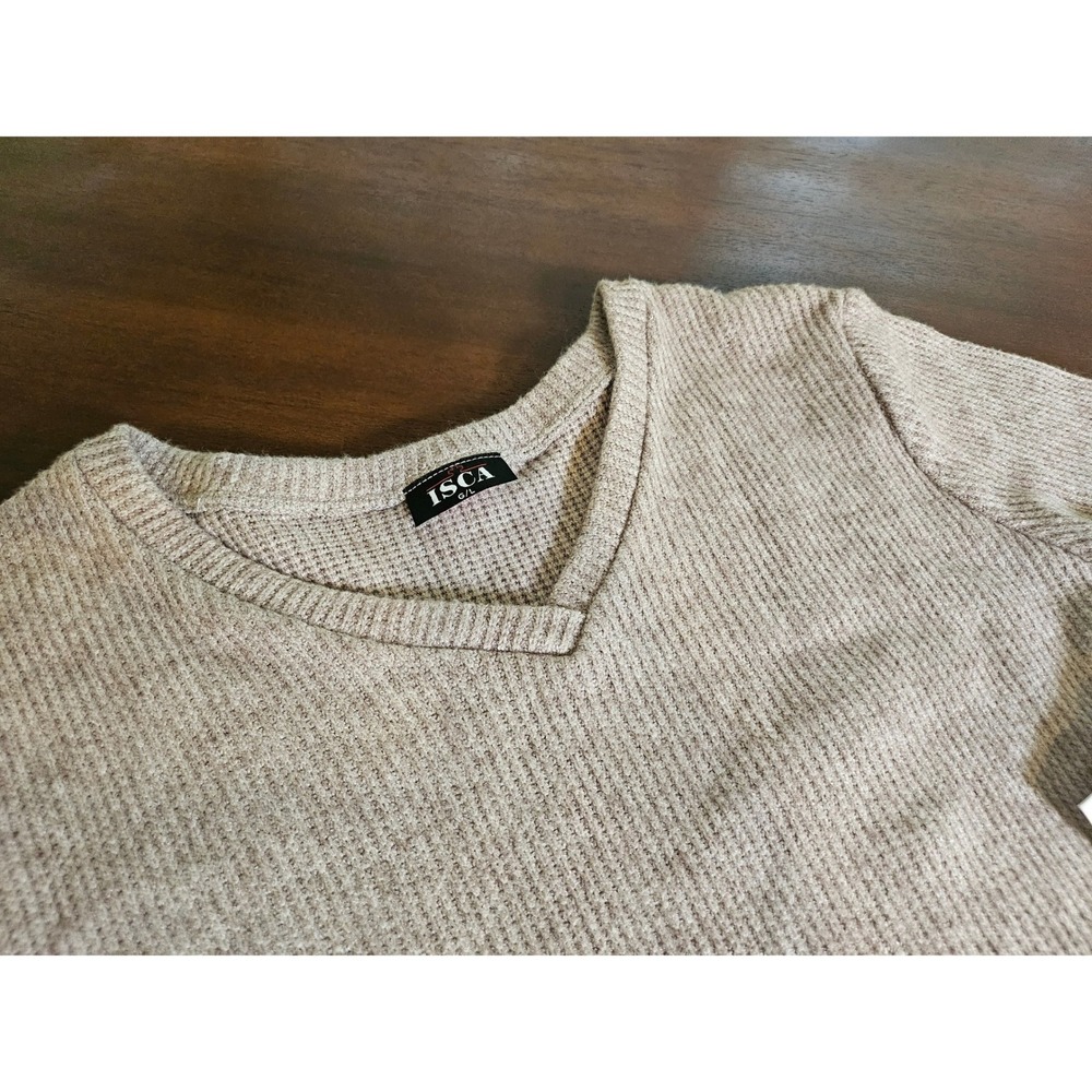 ISCA Waffle Knit Top Women Large Tan V-Neck Tie Front Long Sleeve 8357-1420